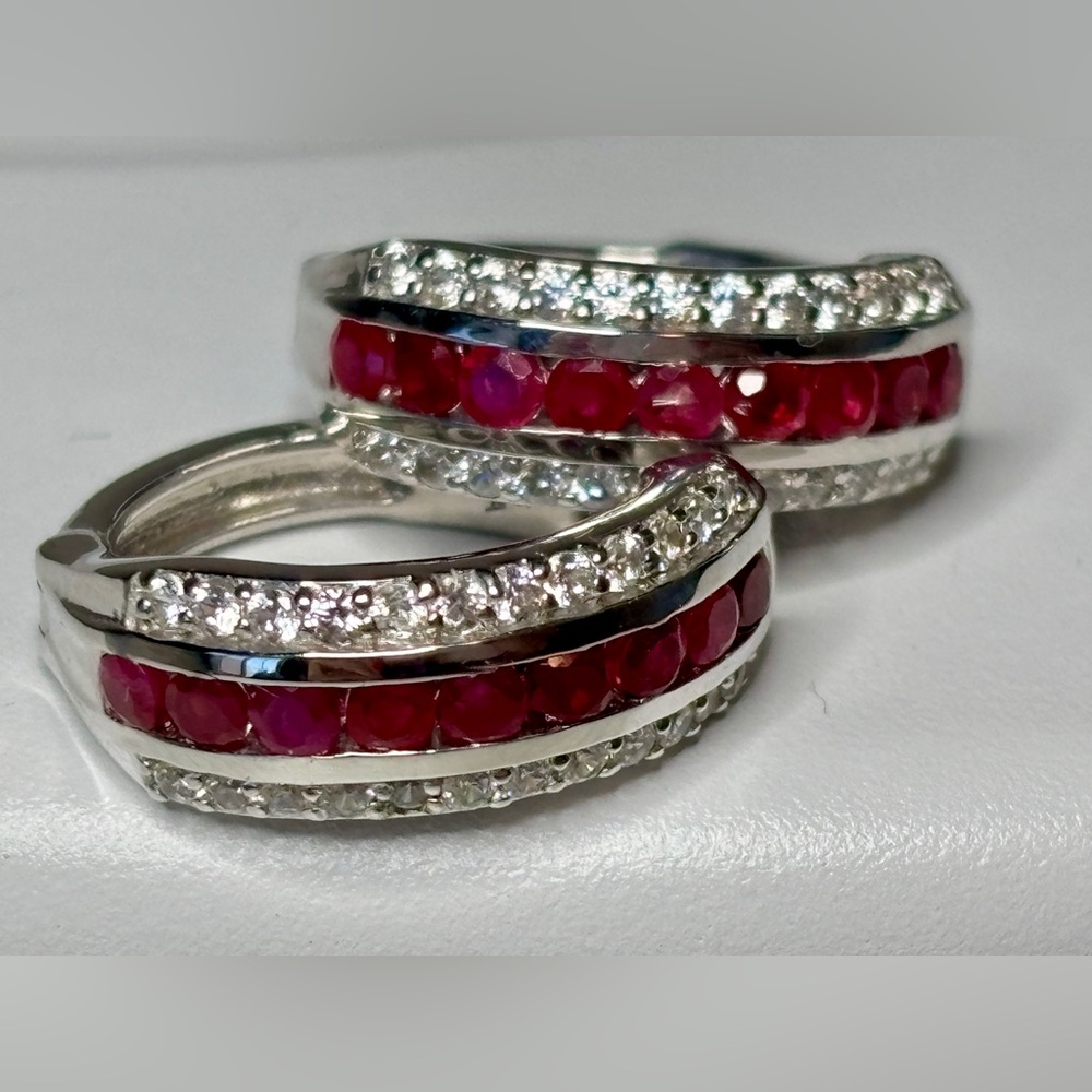 Elegant Sterling Silver And Ruby Gemstone Hoop Ea… - image 2